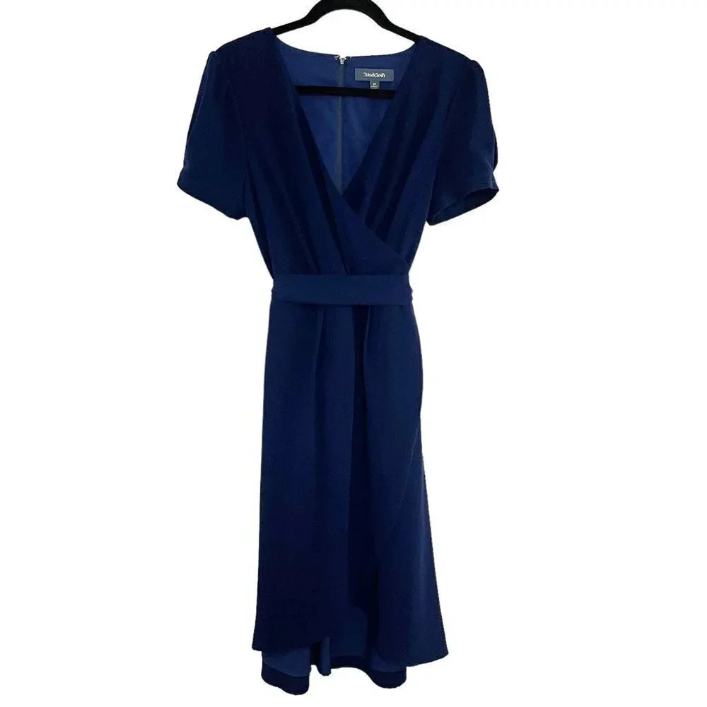 Modcloth Navy Blue Faux Wrap V Neck Midi Dress Women's Size Medium